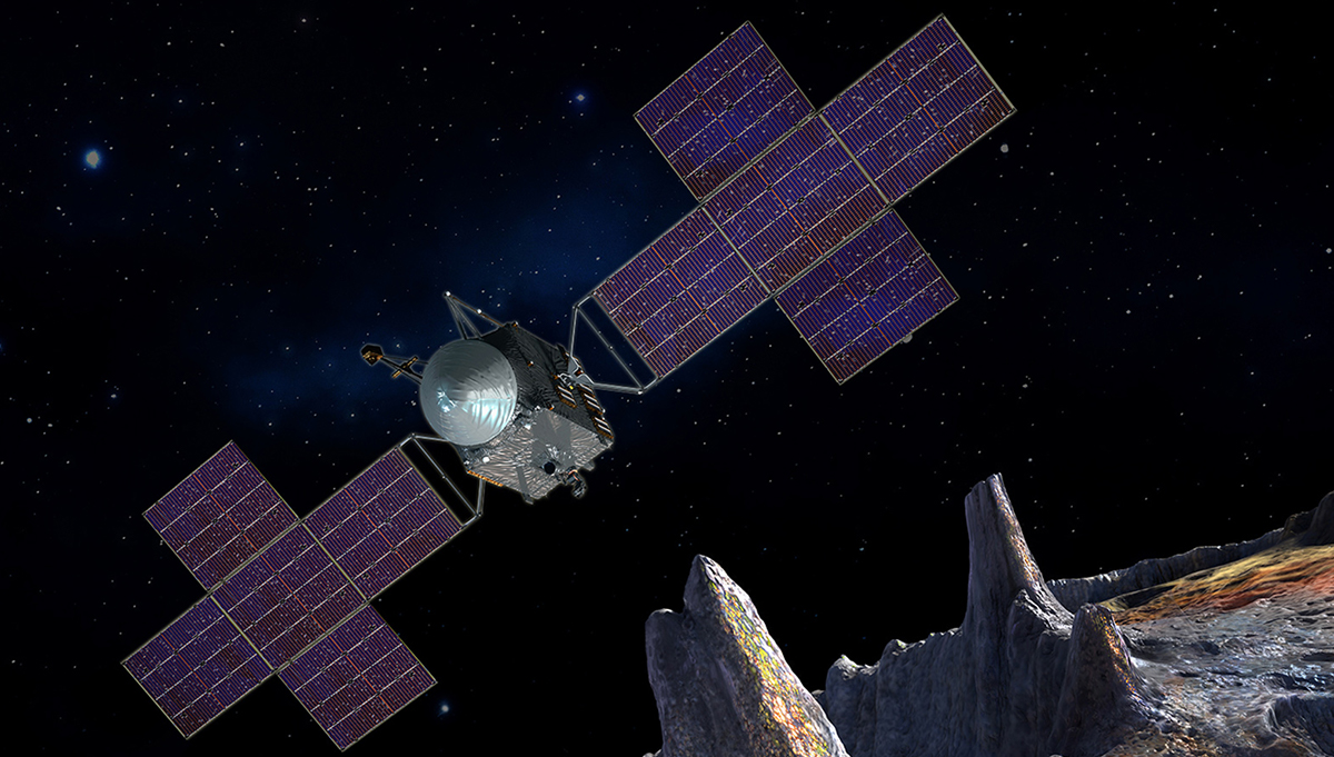 This artist's-concept illustration depicts the spacecraft of NASA's Psyche mission near the mission's target, the metal asteroid Psyche. The artwork was created in May 2017 to show the five-panel solar arrays planned for the spacecraft. Credit: NASA/JPL-Caltech
