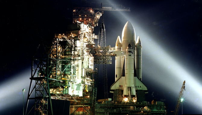 This timed exposure taken on March 5, 1981, shows the preparation work at Kennedy Space Center’s Launch Pad A, Complex 39, to prepare Columbia for the first launch of the space shuttle program, STS-1. Credit: NASA