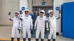 From left are NASA astronaut Shannon Walker, mission specialist; Victor Glover, pilot; NASA astronaut Michael Hopkins, spacecraft commander and JAXA astronaut Soichi Noguchi, mission specialist.  Credit: NASA