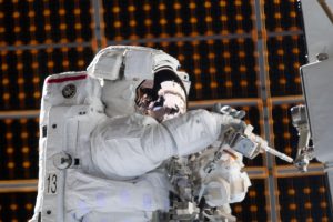 NASA astronaut Jessica Meir is pictured during a spacewalk she conducted with NASA astronaut Christina Koch Jessica Meir (out of frame) to install new lithium-ion batteries that store and distribute power collected from solar arrays on the station’s P6 truss. Credit: NASA