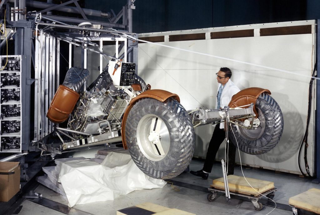 This photograph was taken during a deployment simulation of the Lunar Roving Vehicle (LRV). Credit: NASA