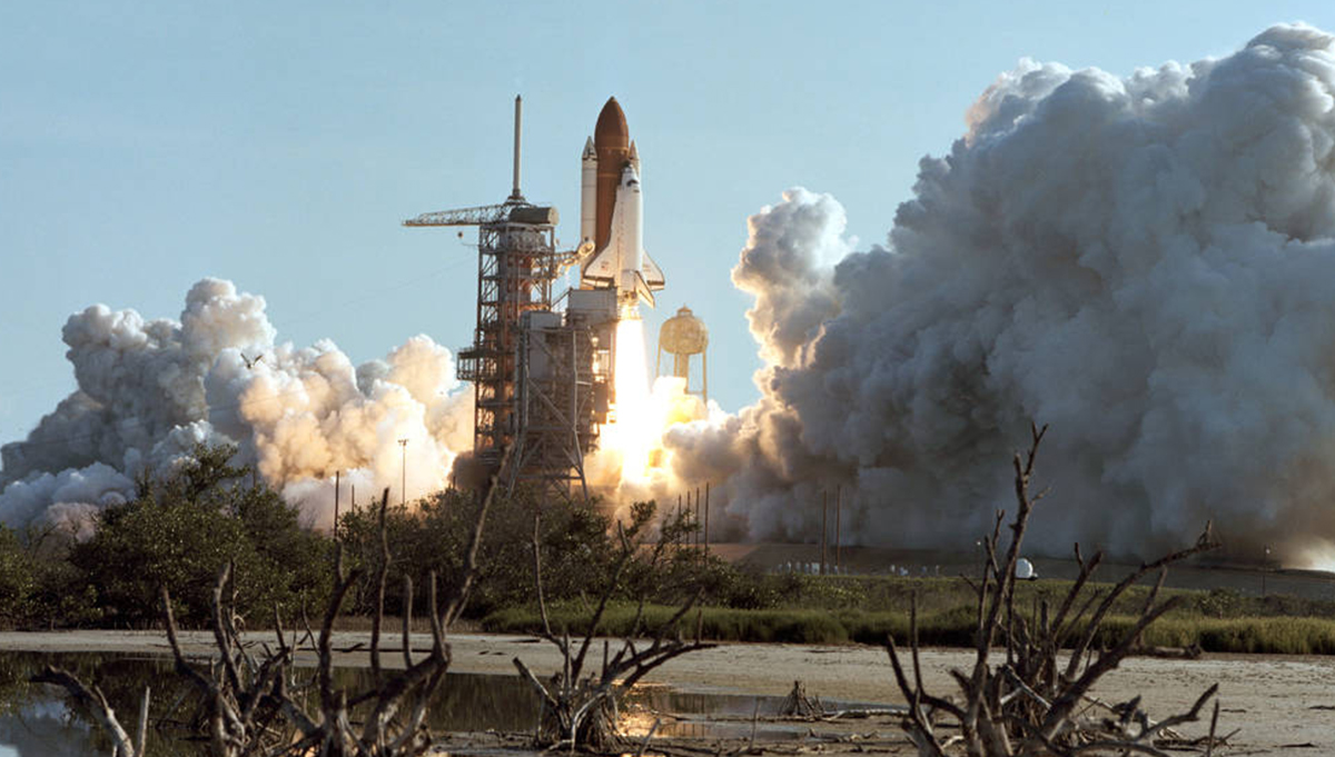 The Space Shuttle Discovery launches on its first flight, STS-41-D, on August 30, 1984, 37 years ago this month. The crew deployed three satellites and heard knocking at the payload bay doors. Credit: NASA