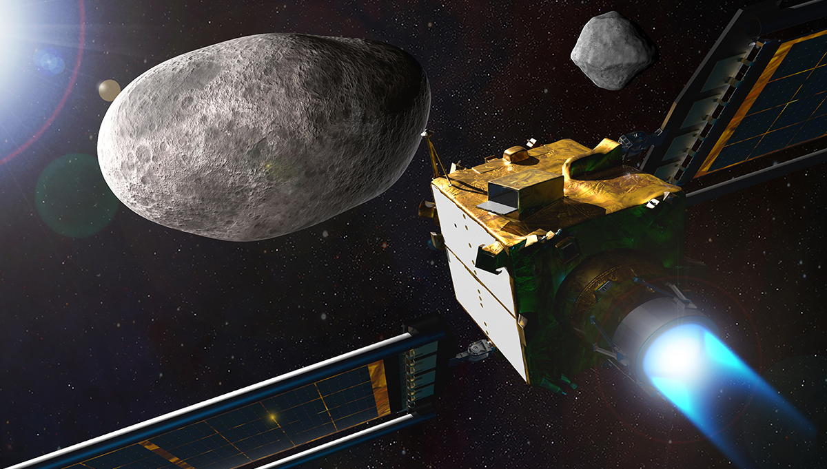 In the fall of 2022, the DART spacecraft will collide head-on with the smaller asteroid in the Didymos system in the first space test of the kinetic impactor method for deflecting an asteroid. Credit: NASA/Johns Hopkins APL