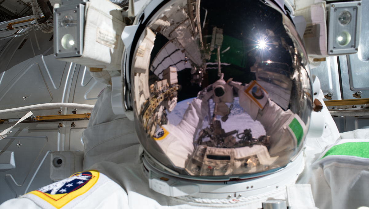 European Space Agency astronaut Luca Parmitano took this "space-selfie" during an extravehicular activity (EVA) at the International Space Station (ISS) in 2019. Six years earlier, Parmitano’s helmet dangerously filled with water during an EVA at the ISS. Credit: NASA