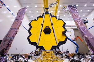 The fully assembled James Webb Space Telescope with its sunshield and unitized pallet structures that will fold up around the telescope for launch. Credit: NASA