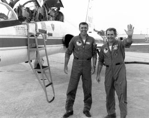 STS-2 astronauts Joe H. Engle, left, and Richard H. Truly arrive at NASA’s Kennedy Space Center in Florida. Credit: NASA