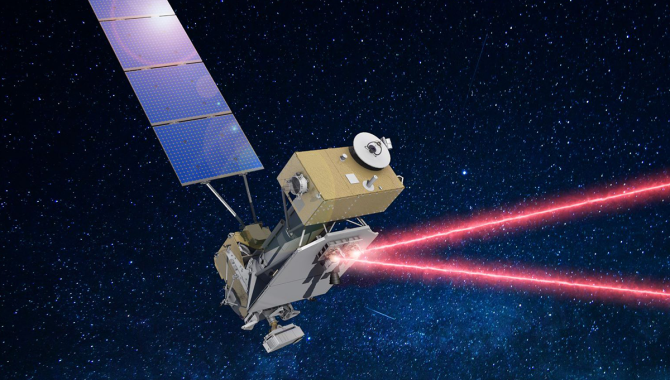 This artist’s illustration shows NASA’s Laser Communications Relay Demonstration relaying a laser communication signal to a ground station on Earth. Optical communications systems promise dramatic increases in data transfer rates. Credit: NASA