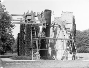 The Leviathan of Parsonstown, the 6 foot telescope of William Parsons, 3rd Earl of Rosse (1800-1867). The photo also features Lawrence Parsons, 4th Earl of Rosse (1840-1908). Credit: National Library of Ireland on The Commons