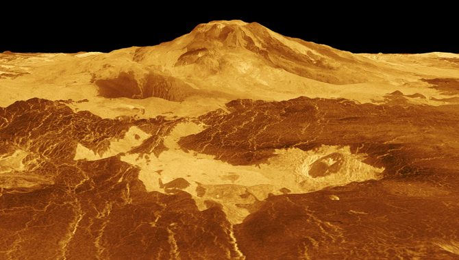 The surface of Venus is marked by hundreds of large volcanoes such as Maat Mons, shown here in this computer-generated three-dimensional image. Credit: NASA