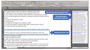 Figure 3 is showing the generated results from the Lessons Learned Bot in Excel. One cell containing a paragraph is selected, and search results are displayed on a sidebar to the right. The sidebar is titled "Lessons Learned Bot Results." In this sidebar, you can see various titles and descriptions of relevant documents.