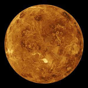 The northern hemisphere of Venus, marked by massive volcanoes and lava flows is shown here in a computer simulated global view.<br /> Credit: NASA/JPL