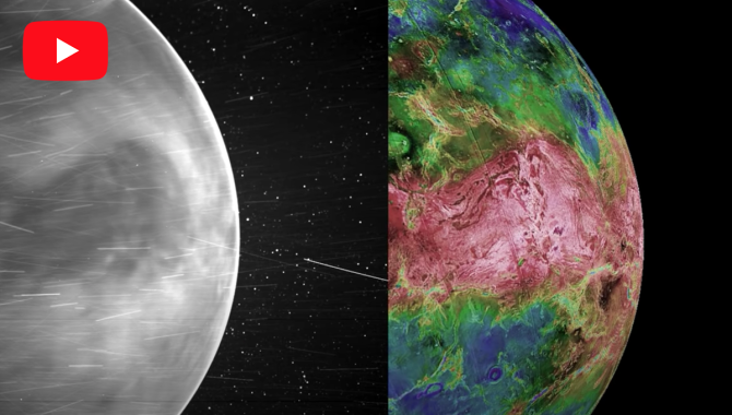 Video Feature banner showing two side-by-side comparison images of Venus—on the left is the image taken by Parker Solar Probe's Wide-Field Imager, or WISPR, and on the right is an image created by radar from the Magellan mission. Credit: NASA