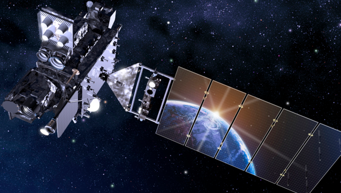 The GOES-R series of satellites, shown here in an artist rendering, provide advanced imagery and measurements for a variety of applications, from detailed monitoring of weather systems to tracking environmental hazards, such as wildfires, dust storms, and volcanic eruptions. Credit: NASA