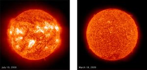 Sunspots at solar maximum and minimum. Credit: NASA