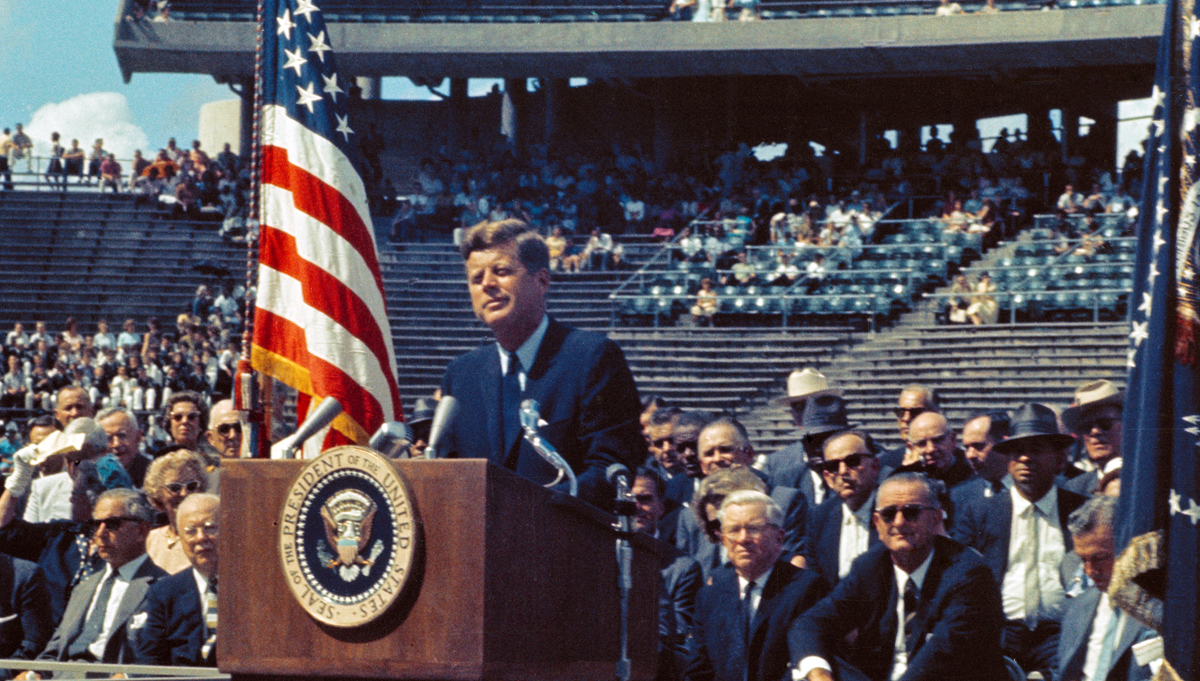 Leadership includes beginning with an organization’s origin story—its “why”—then connecting that “why” with the individual “why” of each of your team members. Here, President John F. Kennedy sets part of NASA’s origin story on September 12, 1962, saying, “We choose to go to the moon in this decade and do the other things, not because they are easy, but because they are hard…” Credit: NASA