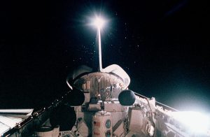 Space Shuttle Atlantis (STS-45) onboard photo of open cargo bay with the forward portion of the Atmospheric Laboratory for Applications and Science (Atlas-1) shown at night. Credit: NASA