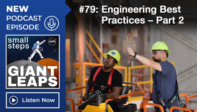 This Small Steps, Giant Leaps graphic shows two men in hard hats working on machinery.