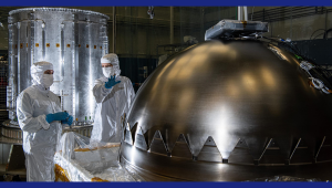Engineers at NASA’s Goddard Space Flight Center in Greenbelt, Maryland, prepare for a propellant tank to be inserted into the cylinder in the background at left. The cylinder is one of two that make up Europa Clipper’s propulsion module. Credits: NASA/GSFC Denny Henry