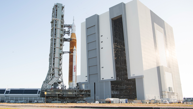 NASA’s Space Launch System (SLS) rocket with the Orion spacecraft aboard is seen atop a mobile launcher as it rolls out of High Bay 3 of the Vehicle Assembly Building for the first time to Launch Complex 39B, Thursday, March 17, 2022, at NASA’s Kennedy Space Center in Florida. Credit: NASA/Aubrey Gemignani