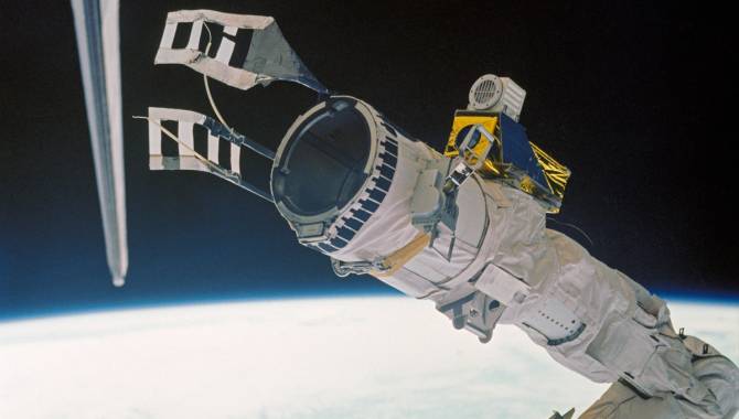 The satellite rescue attempt during STS-51-D included an unscheduled rendezvous maneuver, an unscheduled spacewalk, and a highly unusual request: Build a fly swatter. Credit: NASA