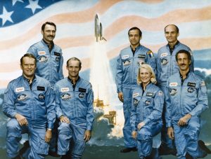 The crew of STS-51D: Front row, from left: Commander Karol J. Bobko Pilot Donald E. Williams and Mission Specialists M. Rhea Seddon and Jeffrey A. Hoffman. Second row, from left, Mission Specialist S. David Griggs and Payload Specialists Charles D. Walker and E. Jake Garn, then a sitting U.S. Senator. Credit: NASA