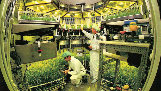 NASA researched vertical farming in the Biomass Production Chamber, a repurposed Project Mercury-era hypobaric test chamber at Kennedy Space Center. Credit: NASA/KSC