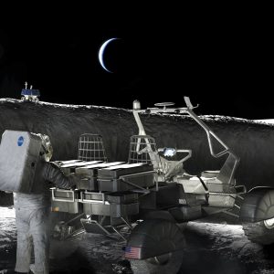 An artist's concept of a Moon base, depicting two astronauts working on the surface of the Moon with rovers. Earth is in the background. Credit: NASA