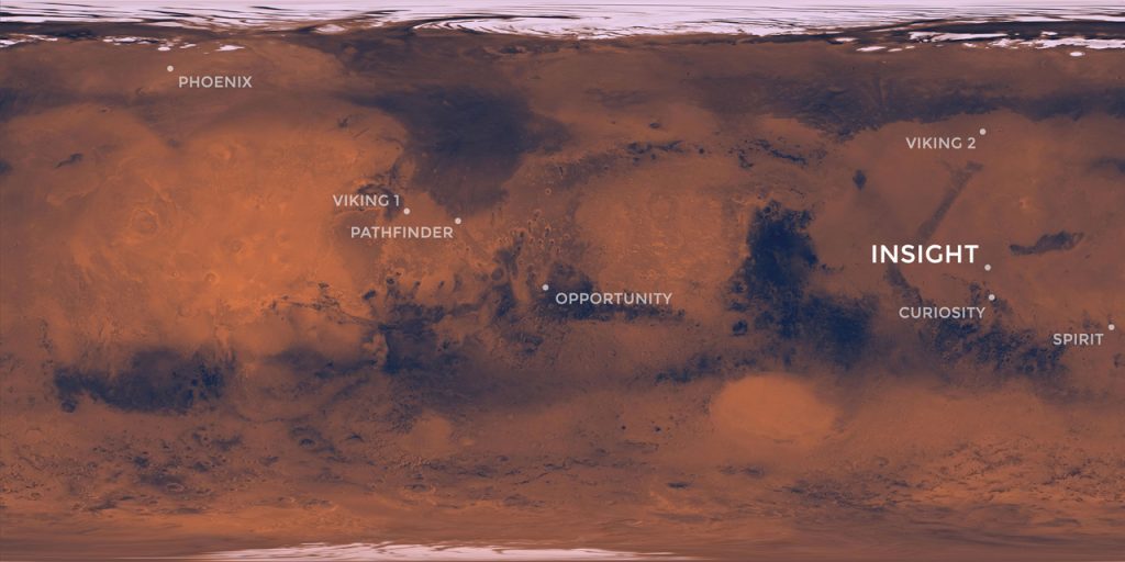 InSight landed at 11:52:59 a.m. PT (2:52:59 p.m. ET) on Nov. 26, 2018 near Mars' equator on the western side of a flat, smooth plain called Elysium Planitia. Credit: NASA