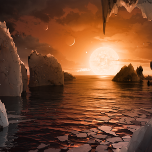 This illustration shows the possible surface of TRAPPIST-1f, one of the newly discovered planets in the TRAPPIST-1 system. Scientists using the Spitzer Space Telescope and ground-based telescopes have discovered that there are seven Earth-size planets in the system. Credits: NASA/JPL-Caltech