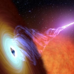 This artist's concept shows a black hole with an accretion disk -- a flat structure of material orbiting the black hole -- and a jet of hot gas, called plasma. Using NASA's NuSTAR space telescope and a fast camera called ULTRACAM on the William Herschel Observatory in La Palma, Spain, scientists have been able to measure the distance that particles in jets travel before they "turn on" and become bright sources of light. Credit: NASA