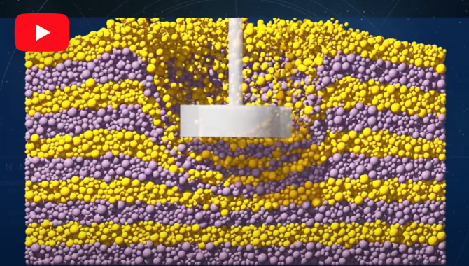 Video Feature banner showing a simulated image of the OSIRIS-REx spacecraft's arm impacting the surface of asteroid Bennu. The layers of the surface are colored in bright yellow and purple. Credit: NASA