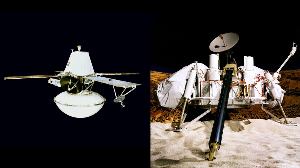 Viking 1 consisted of an orbiter (left) and a lander (right). The lander was equipped with a robotic arm to collect samples from the surface. Credit: NASA