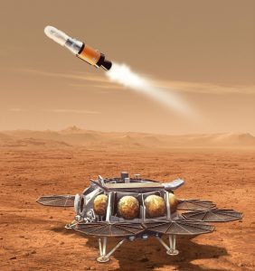 This illustration shows a concept for a proposed NASA Mars lander-and-rocket combination that would play a key role in returning to Earth samples of Mars material collected by the Perseverance rover. Credit: NASA/JPL-Caltech