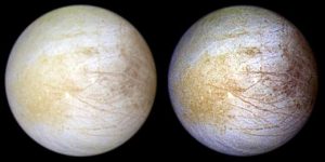 This color composite view combines violet, green, and infrared images of Europa, for a view of the moon in natural color (left) and in enhanced color designed to bring out subtle color differences in the surface (right).<br /> Credit: NASA/ JPL/University of Arizona