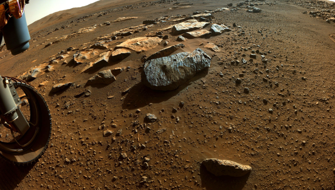 A rock on Mars with two holes where the rover's drill obtained chalk-size samples. The rover’s Delta Campaign has collected samples that scientists are eager to examine in laboratories on Earth. Credit: NASA/JPL-Caltech