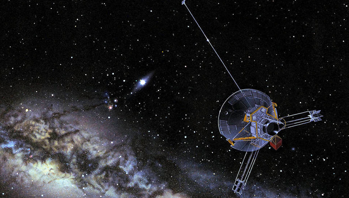 In this artist’s illustration, a Pioneer space probe travels beyond the planets in the solar system. Credit: Don Davis/NASA