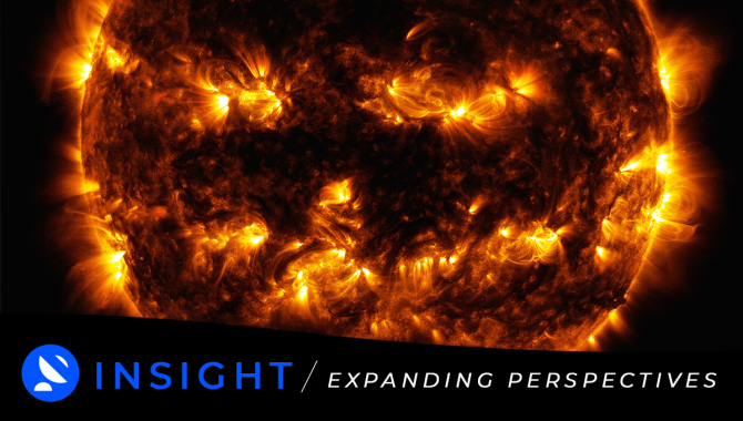 Active regions on the sun combined to look something like a jack-o-lantern’s face on Oct. 8, 2014. The active regions appear brighter because those are areas that emit more light and energy — markers of an intense and complex set of magnetic fields hovering in the sun’s atmosphere, the corona. This image blends together two sets of wavelengths at 171 and 193 angstroms, typically colorized in gold and yellow, to create a particularly Halloween-like appearance. This image is a blend of 171 and 193 angstrom light as captured by the Solar Dynamics Observatory. Credit: NASA/GSFC/SDO