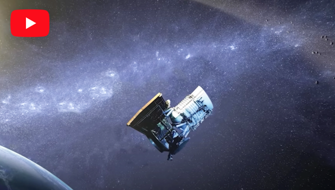 An artist's depiction of the NEOWISE space telescope floating in space, with cluster of asteroids to the right, and the Sun and Earth to the left. Credit: NASA/JPL-Caltech