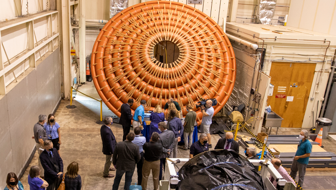 A full-scale model of the inflated aeroshell for NASA’s Low-Earth Orbit Flight Test of an Inflatable Decelerator (LOFTID) is displayed at NASA’s Langley Research Center in Hampton, Virginia. Credit: NASA/David C. Bowman