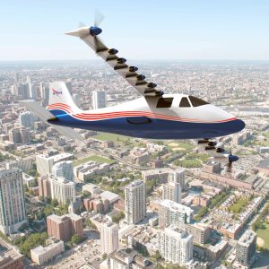 NASA’s X-57 ‘Maxwell’ is the agency’s first all-electric experimental aircraft, or X-plane, and is NASA’s first crewed X-plane in two decades. This is an illustration of this plane flying above a city. Credit: NASA