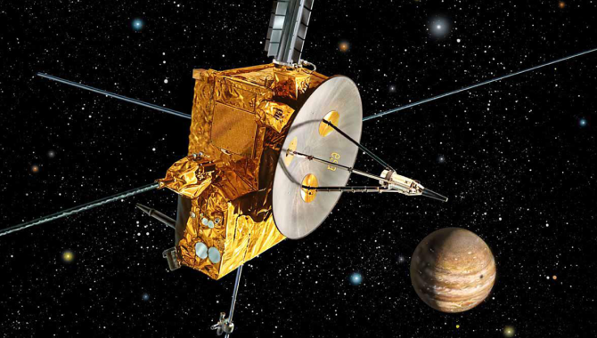 An artist impression of Ulysses spacecraft at Jupiter. Ulysses used Jupiter's powerful gravity to hurl it out of the Plane of the Ecliptic so it could study the polar regions of the Sun. Credit: ESA/NASA/JPL-Caltech