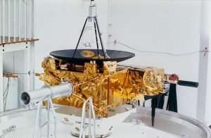 The Ulysses spacecraft undergoes testing at the vacuum spin-balancing facility at the European Space Research and Technology Centre in Noordwijk, the Netherlands. Credit: NASA/JSC