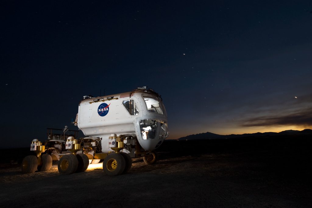 In 2008, astronaut Mike Gernhardt and geologist Brent Garry with the Smithsonian Institution spent three days inside this rover, going through the motions of a real three-day geological sortie on the moon. Credit: NASA