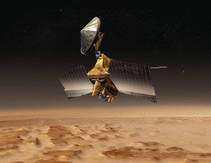 NASA Mars Reconnaissance Orbiter passes above a portion of the planet called Nilosyrtis Mensae in this artist concept illustration. Credit: NASA/JPL