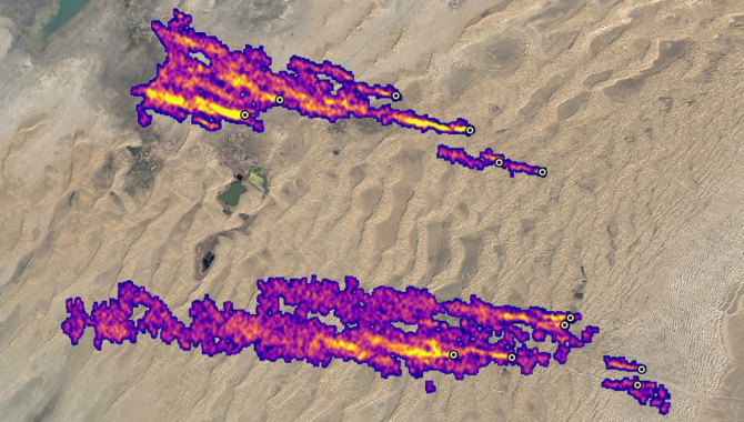 12 plumes of methane combine for a significant emission near Hazar, Turkmenistan, a port city on the Caspian Sea. NASA’s EMIT mission detected the plumes as part of early testing aboard the International Space Station. Credits: NASA/JPL-Caltech