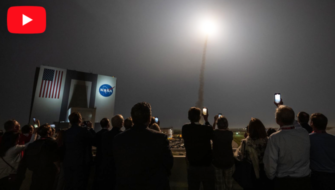 Guests watch the launch of NASA’s Space Launch System rocket carrying the Orion spacecraft on the Artemis I flight test, Wednesday, Nov. 16, 2022, from Operations and Support Building II at NASA’s Kennedy Space Center in Florida. Credit: NASA/Bill Ingalls