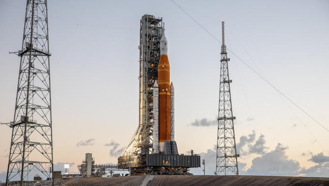 NASA’s Space Launch System (SLS) rocket and Orion spacecraft, standing atop the mobile launcher, arrive at Launch Pad 39B at the agency’s Kennedy Space Center in Florida on Nov. 4, 2022, ahead of the uncrewed Artemis I launch. Credit: NASA/Kim Shiflett