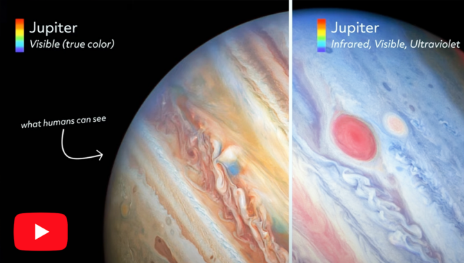 A side by side comparison of Jupiter. On the left, it's shown in the visible spectrum–what humans can see. It has an orange tint. On the right side, Jupiter is shown in Infrared, visible, and ultraviolet spectrums. It has a blue tint, and the Great Red Spot looks pink. Credit: NASA