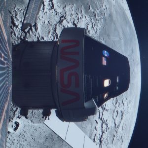 A realistic 3D rendering of the Orion spacecraft floating close to the Moon, with the Moon in the background. Credit: NASA