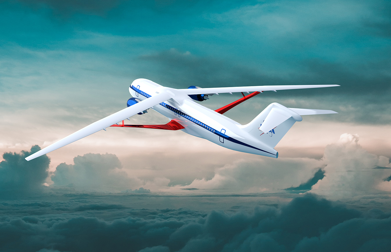 The Sustainable Flight Demonstrator will test a lightweight, ultra-thin wing spanning 170 feet, attached at the top of the fuselage, and supported from below by a sweeping brace, shown here in an artist illustration. Credit: NASA